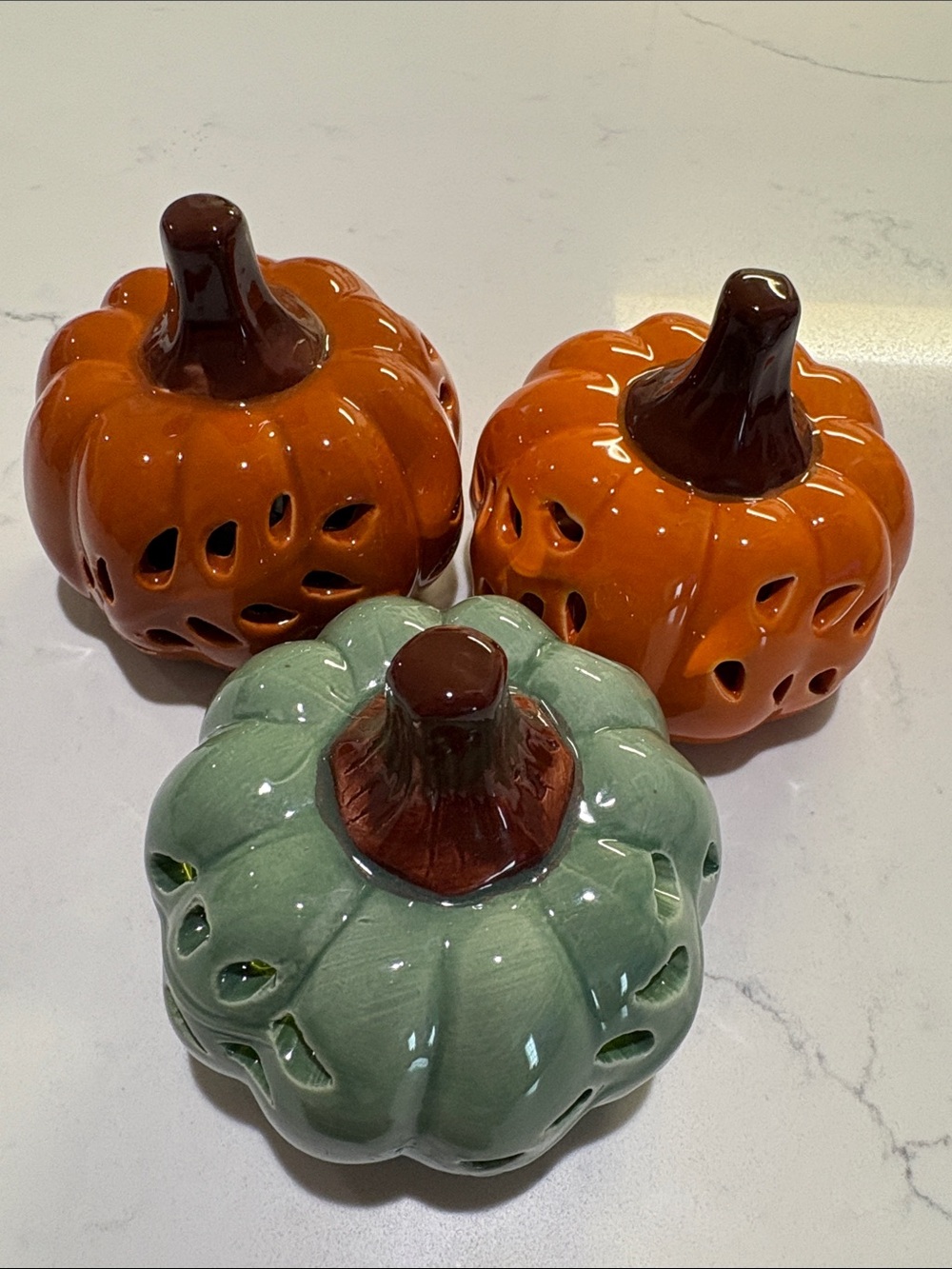 Ceramic Pumpkin Lantern Trio - Orange & Sage
